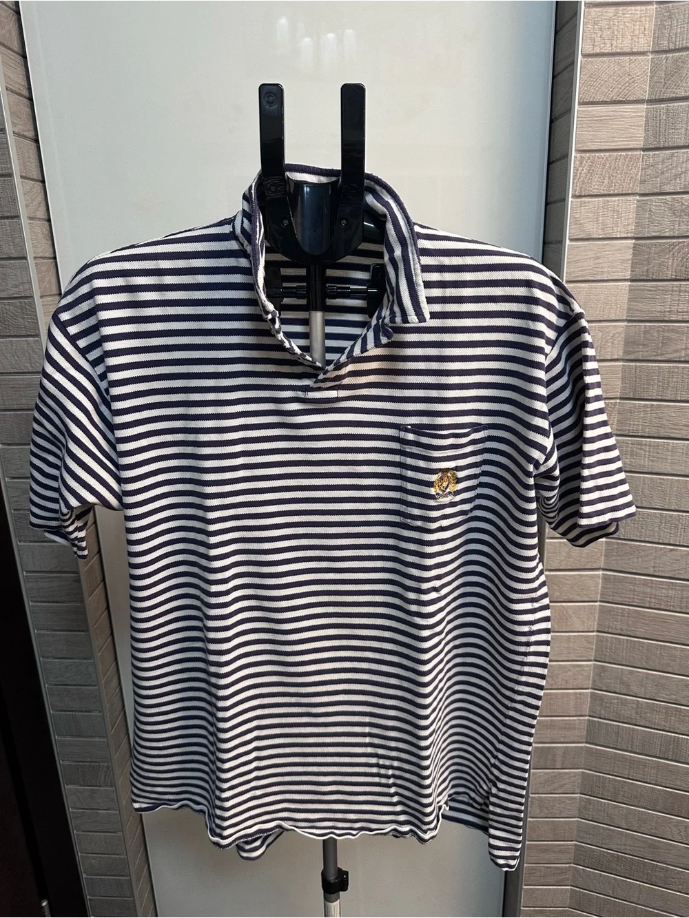 Ralph Lauren Navy and White Striped Polo with Gold Pony Emblem